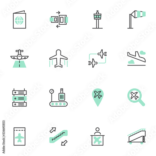 Airport filled outline icons set, line vector symbol collection, linear colorful pictogram pack. Signs logo illustration, Set includes icons as airline boarding pass, airplane, control tower, luggage