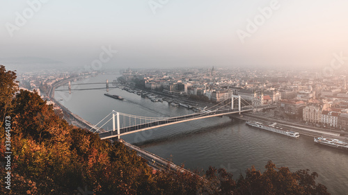 Amazing view of Danube river with famous bridges in autumn morning in Budapest, Hungary