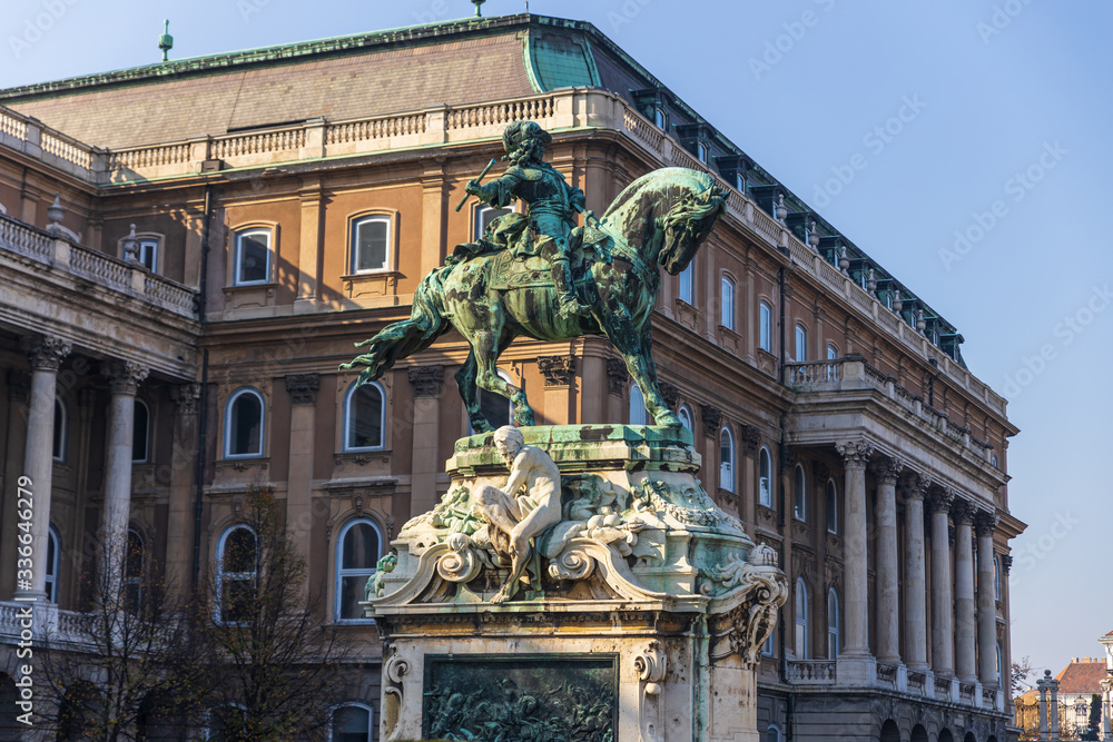 Statue of Eugene de Savoy in front of Royal Palace in Budapest, Hungary
