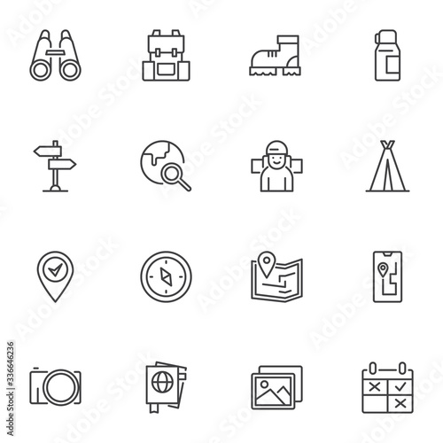 Camping equipment line icons set. linear style symbols collection, Travel, hiking outline signs pack. vector graphics. Set includes icons as backpack, camping tent, compass, climbing boot, navigator
