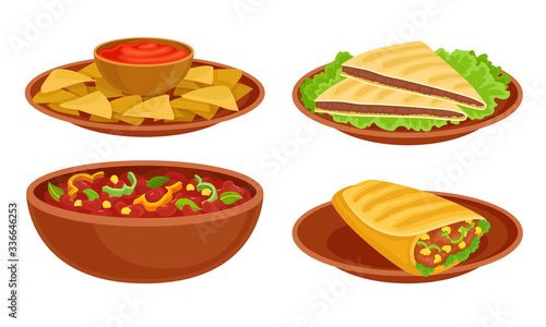Bowl with Baked Beans and Guacamole with Nachos Vector Set