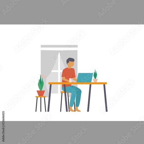 Working at home, co-working space, concept illustration. Young people, man and woman freelancers working on laptops and computers at home. People at home in quarantine. Vector flat style illustration