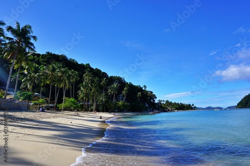 Empty paradise beach with turquoise sea water  golden sand and palm trees in Palawan  Philippines