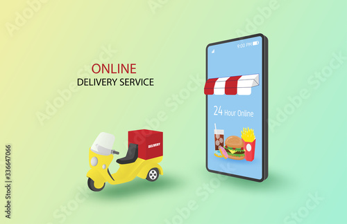 Online delivery service concept. Online order on mobile and delivery to home. Smart burger shop with delivery bike on background. Shopping promotion banner or poster.