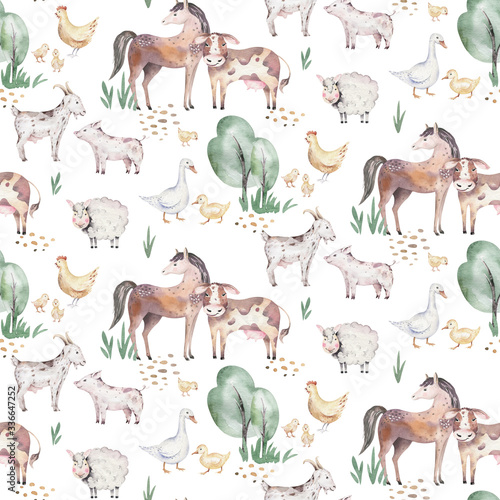 Watercolor seamless pattern with cute farm animals with goat, horse, goose and cow. chicken, sheep and pig domestic animal illustration.