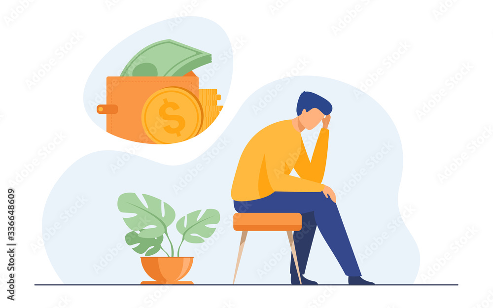 Depressed sad man thinking over financial problems and debts ...