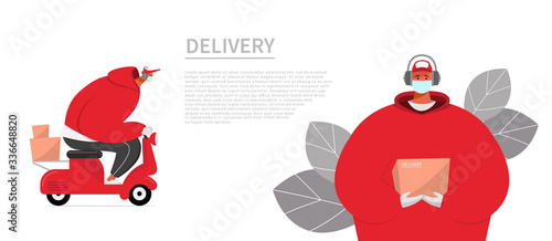 Courier in a medical mask delivers food on a scooter. Coronavirus contactless food delivery quarantine. Safe delivery during a coronavirus pandemic.