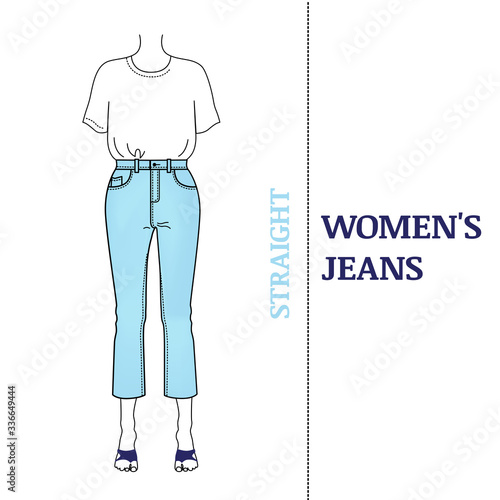 Women's blue jeans with straight silhouette. Shortened, high-waisted pants classic fit and basic t-short. Types of  popular cut for jeans, vector illustrationon on white background.