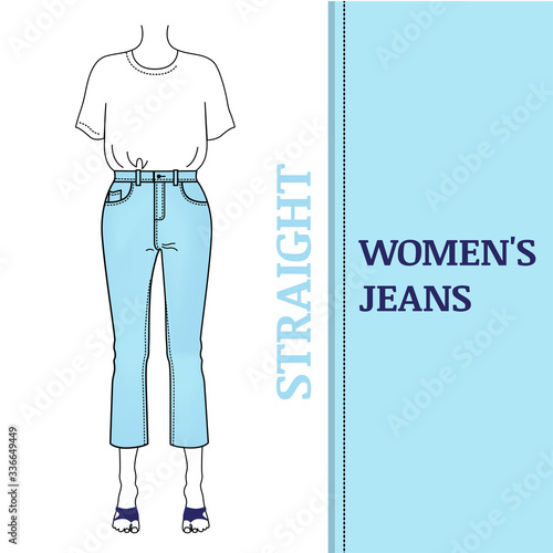 Women's blue jeans with straight silhouette. Shortened, high-waisted pants classic fit and basic t-short. Types of  popular cut for jeans, vector illustrationon on white background.
