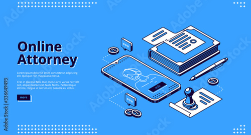 Online attorney isometric landing page. Digital smartphone application or internet service for law consultation, legal advice. Mobile phone app, judgement, legislation 3d vector line art web banner