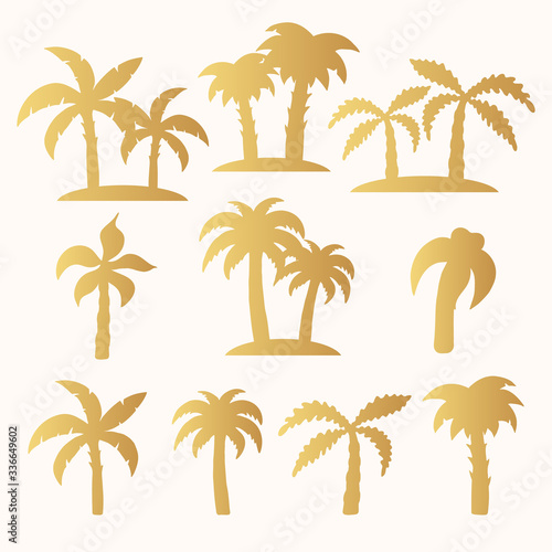 Hand drawn golden tropical trees silhouette set. Gold palm  banana leaves. Vector isolated tropic pattern for summer design.