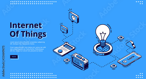 Internet of things banner. IoT technology of smart home concept. Vector landing page of house control system with isometric icons of interconnected smartphone, electric lamp and digital clock