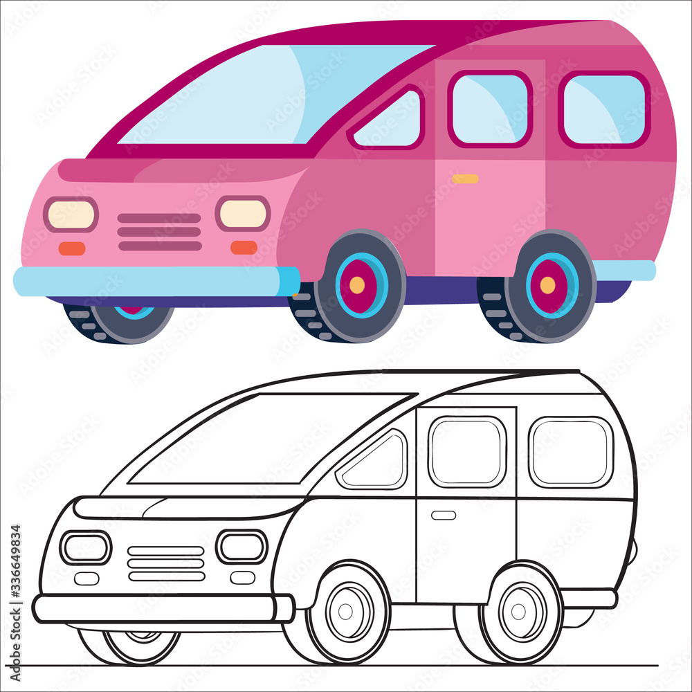 minivan in pink color in flat style, isolated object on a white background, vector illustration, minivan in pink color in flat style, isolated object on a white background, vector illustration,