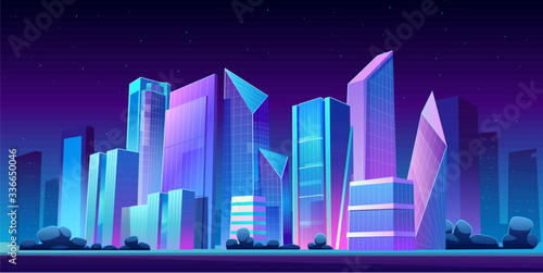 Urban cityscape panoramic night banner vector cartoon illustration with buildings, city skyline with skyscraper and tower architecture, megapolis landscape, town scenic background