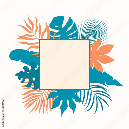 Hand drawn colorful tropical leaves frame. Aralia, monstera, banana, coconut palm leaf border for invitation card. Vector isolated hawaiian foliage banner.