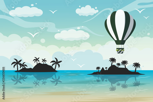Hand drawn colorful ocean beach banner. Paradise border for invitation card. Vector isolated summer print with cloudy sky, hot air balloon, tropical island.