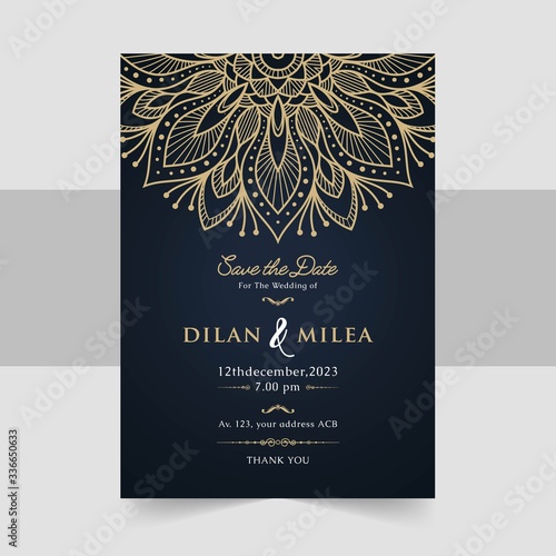 Wedding invitation, thank you card, save the date, baby shower cards. Wedding invitation, baby shower, menu, flyer, banner template, mandala background, Indian design