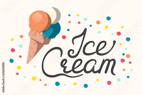 Sweet Ice cream lettering. Colorful beach party print. Juicy summer calligraphic border.