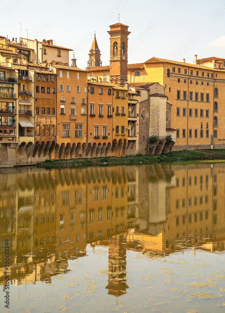 Ancient houses on  embankment of  Arno river in Florence