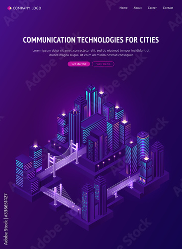 Isometric city with bridges, car roads and overpass. Communication technology for cities. Vector poster with illustration of town with skyscrapers, transport infrastructure and bridge constructions