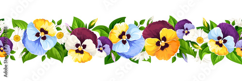 Vector horizontal seamless border with colorful pansy flowers.