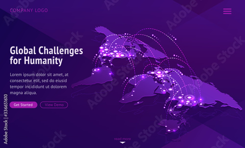 Global challenges for humanity. International problems news. Vector world map showing connect countries, contagious disease spread, network of global economy. Viral pandemic, infection transmission