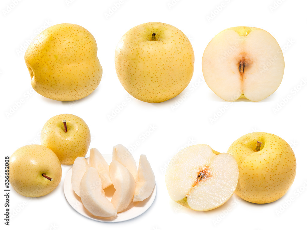 Fresh group oriental pear on a white background, Chinese pear isolated on white background Fresh group oriental pear on a white background, Chinese pear isolated on white background