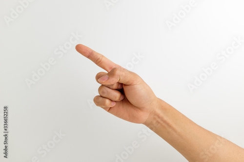 Index finger hand signal on white background photo