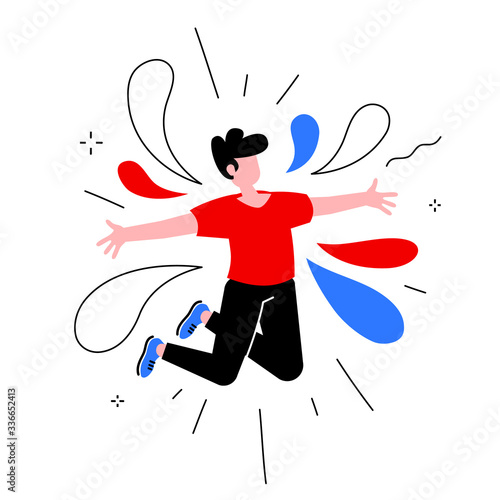 Vector creative illustration of successful man on white background. Young happy jumping male in casual clothes with abstract element.