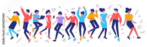 Vector bright color illustration of group of young happy dancing