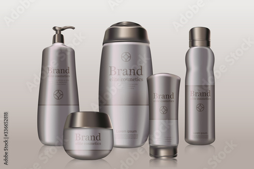 Dark grey cosmetics branded bottles with brand logo package design mockup. Advertisement banner template. Skincare products with reflection on light background mock up. Vector ad 3d poster.