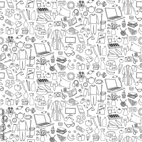 Hand drawn Home seamless pattern. Vector repeat print with doodle home elements