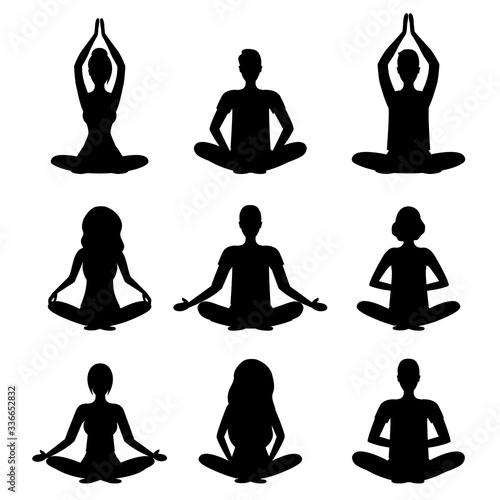 Cartoon Silhouette Black Meditation People Signs Icon Set. Vector