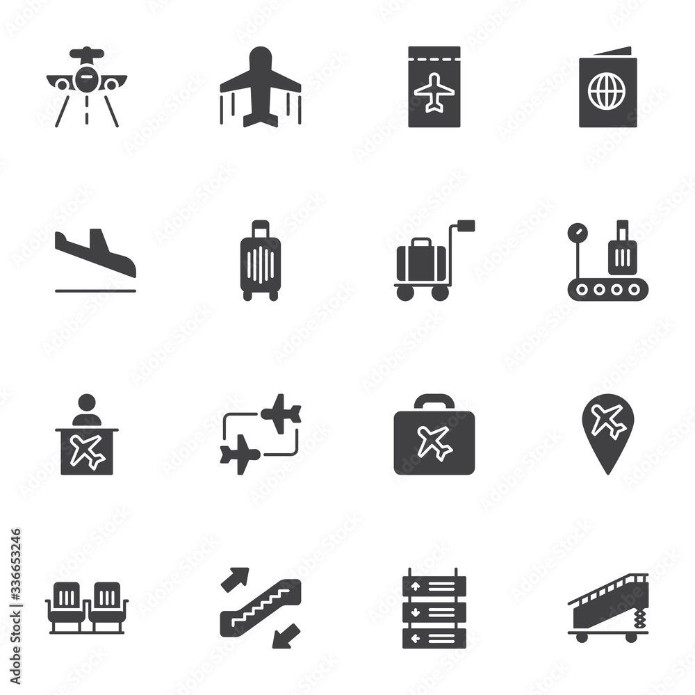 Airport vector icons set, modern solid symbol collection, filled style pictogram pack. Signs, logo illustration. Set includes icons as boarding pass, passport document, waiting hall, airplane ladder Airport vector icons set, modern solid symbol collection, filled style pictogram pack. Signs, logo illustration. Set includes icons as boarding pass, passport document, waiting hall, airplane ladder