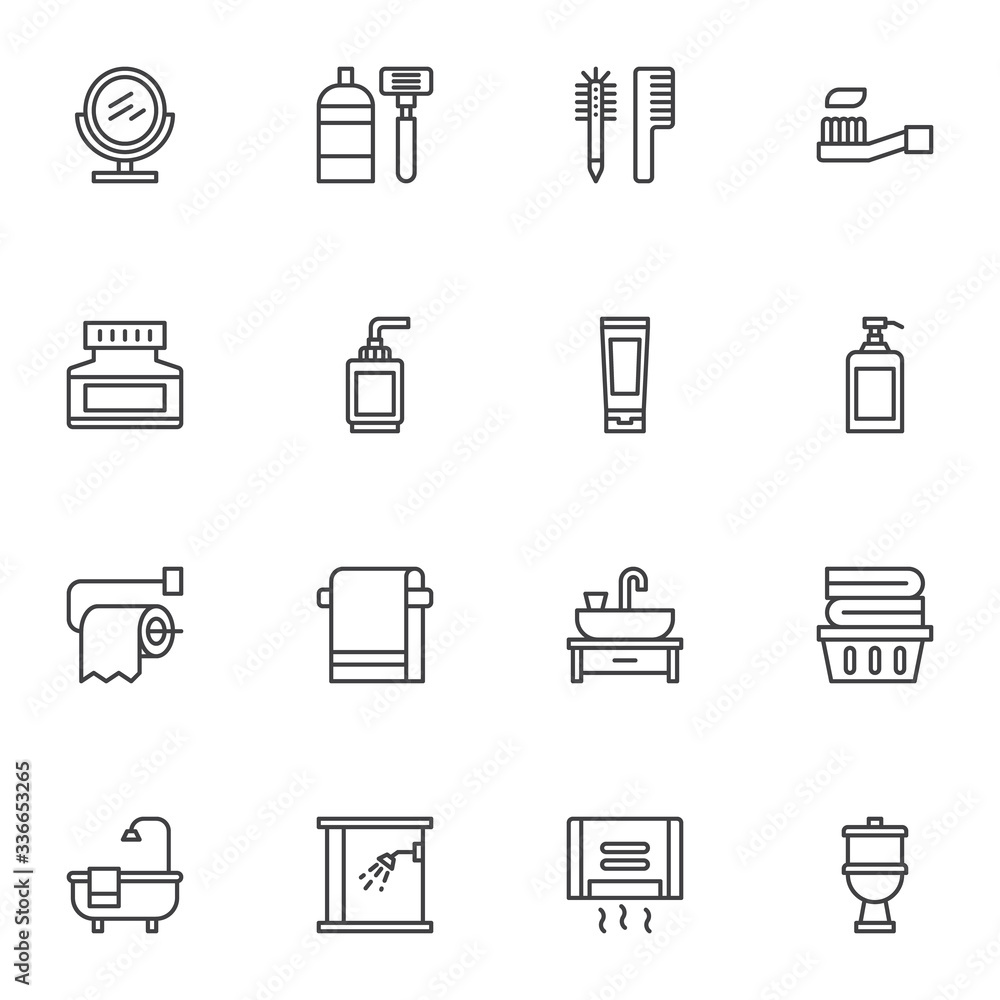 Bathroom accessories line icons set. linear style symbols collection, outline signs pack. vector graphics. Set includes icons as shaving mirror, bathtub and shower, hand dryer towel, liquid soap, sink