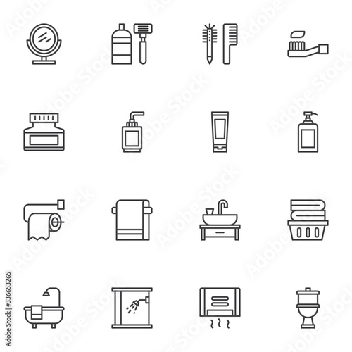 Bathroom accessories line icons set. linear style symbols collection, outline signs pack. vector graphics. Set includes icons as shaving mirror, bathtub and shower, hand dryer towel, liquid soap, sink