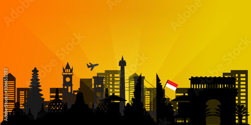Indonesia Travel postcard, poster, tour advertising of world famous landmarks in paper cut style. Vectors illustrations