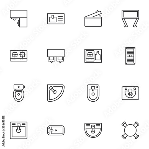 Kitchen furniture top view line icons set. linear style symbols collection, outline signs pack. vector graphics. Set includes icons as Kitchen Cabinet, gas stove, dining table with chairs, sink
