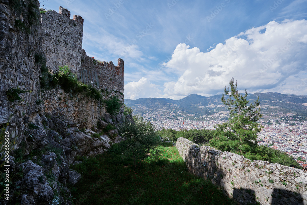 Wall of ancient fortress in Alanya, Turkey.