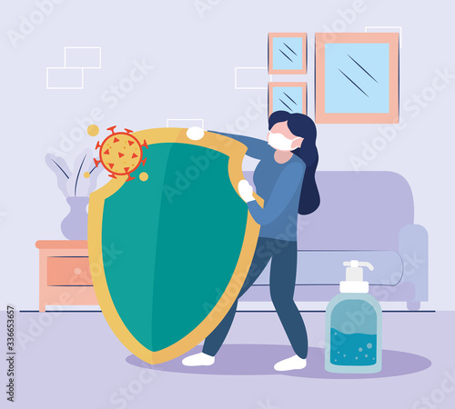 woman protecting herself with shield and antibacterial gel bottle over living room scenery background