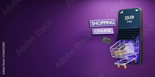 Cart shopping out of smartphone at night friday.Cart with shopping bags loaded.3D render.
