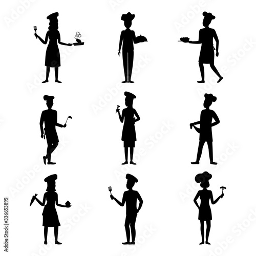 Cartoon Silhouette Black Professional Cooking Character People Set. Vector