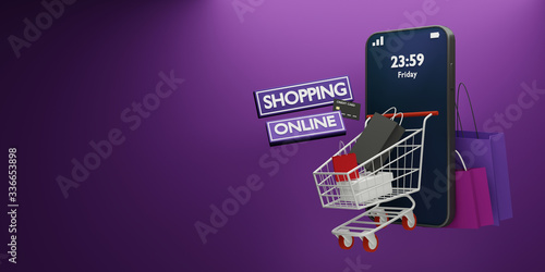 Shopping online by smartphone on friday night.Cart with shopping bags loaded.Digital marketing concept.3D render.