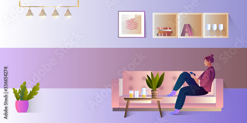 Vector quarantine illustration with female character sitting on the sofa at home. Social distancing concept. Interior in Scandinavian style with home plant, shelf, table, picture on the wall, lamp