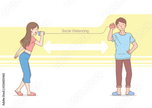 Social distancing. man and women talking with paper cup phone for keeping distance to prevent  coronavirus disease.