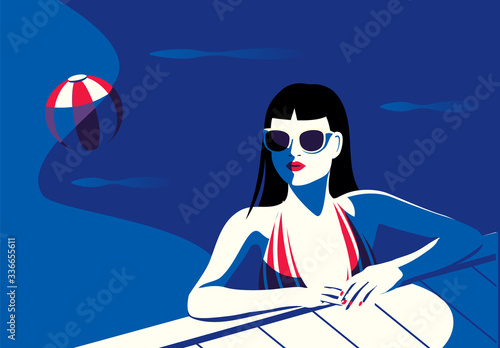 Fashion woman in sunglasses. glamourous girl in swimming pool. Fashionable female relax in water