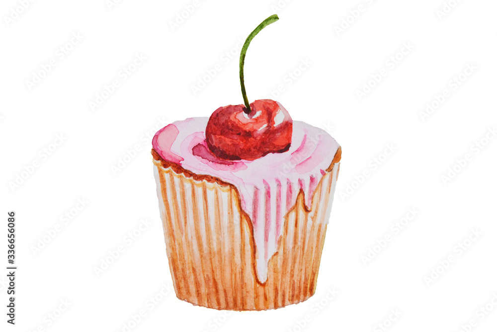 Watercolor sketch. Cupcake with cherry on white background. Watercolor sketch. Cupcake with cherry on white background.