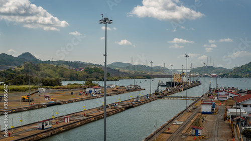 Huge ship is moving transportation over Panama Canal. Panama City and water transport.  © ooo