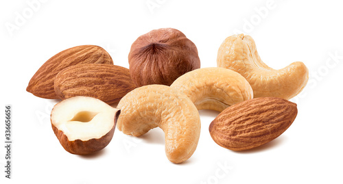 Nuts mix, almond, hazelnut, cashews isolated on white background. Package design element with clipping path