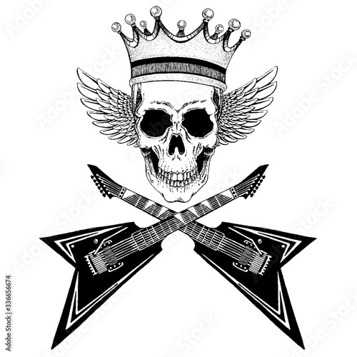 Vector skull with wings in crown with guitars. Logo for shirt, musical poster